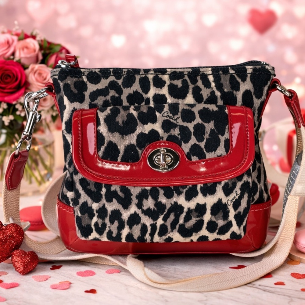 Coach Park Ocelot Leopard Black Red Animal Print Swingpack Crossbody‎ Bag Patent